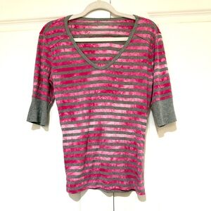 Calvin Klein Performance Pink and Gray Striped V-Neck Top